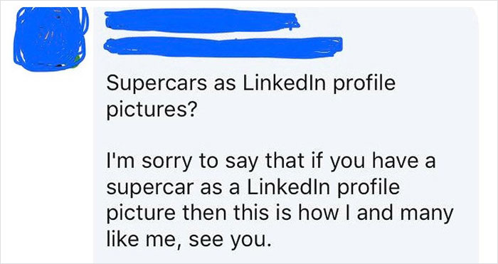 Text ranting about LinkedIn profile pictures featuring supercars, highlighting views on professionalism.