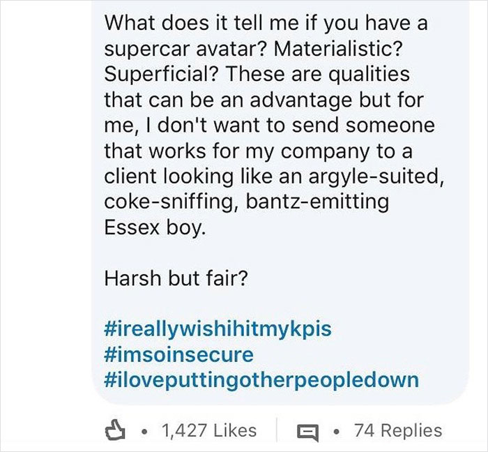 "Text rant about tattoos at work, highlighting hashtags mocking insecurity and status concerns.