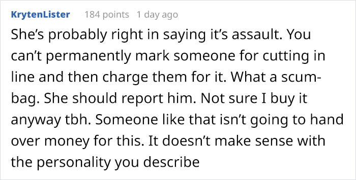 Comment discussing whether a tattoo is considered assault after an artist charges for a costly tiny tattoo.