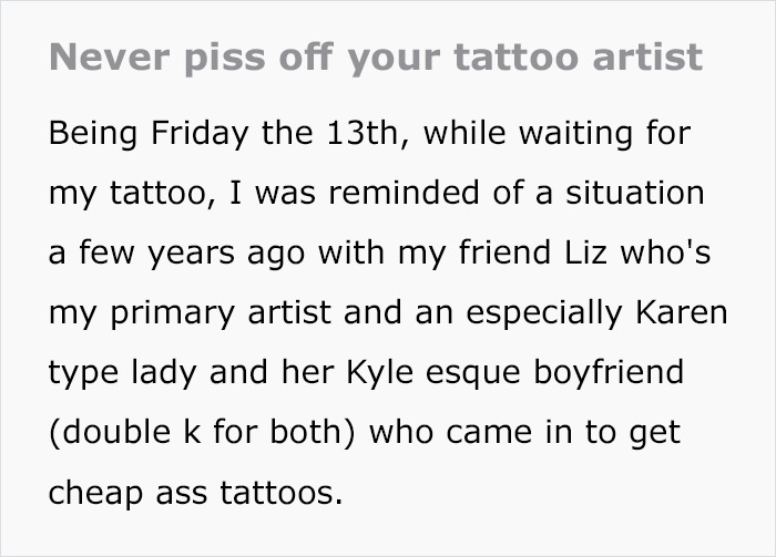 Text description sharing a humorous story about tattoo shop etiquette and artist-client dynamics.