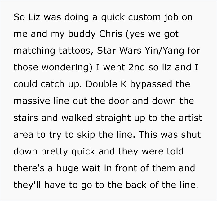Text describing people getting matching tattoos and an attempt to skip the line at a tattoo parlor.