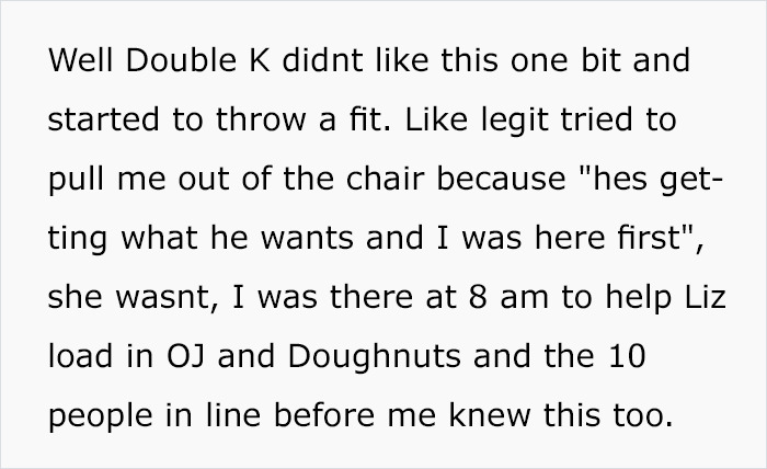 Text recounting a disagreement over waiting in line and helping with loading items.