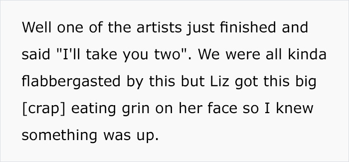 Text conversation about an artist's surprising response to customers, hinting at an amusing situation.