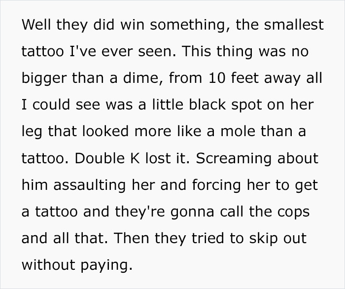 Text about a tiny, costly tattoo looking like a mole, causing a chaotic reaction.