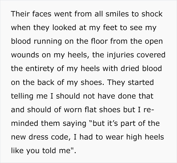 Woman Lets Her Blood Run In Front Of Managers To Prove New Dress Code With High Heels Is No Good Woman Lets Her Blood Run In Front Of Managers To Prove New Dress Code With High Heels Is No Good