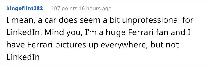 Reddit comment discussing the unprofessionalism of car pictures on LinkedIn.