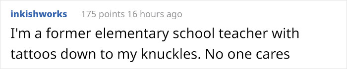 Reddit comment about tattoos in the workplace, emphasizing acceptance and professionalism. Reddit comment about tattoos in the workplace, emphasizing acceptance and professionalism.