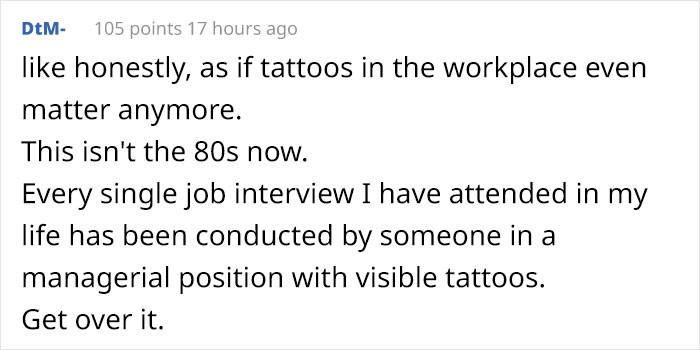 Text screenshot discussing tattoos' relevance in the workplace, advocating acceptance and change from the past views. Text screenshot discussing tattoos' relevance in the workplace, advocating acceptance and change from the past views.
