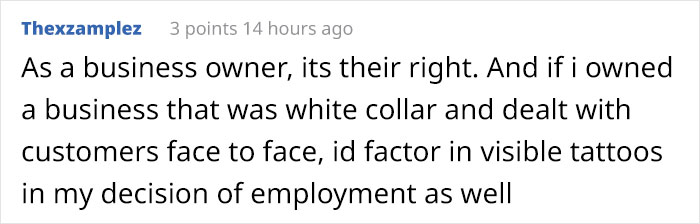 Reddit comment discussing tattoos and employment in white-collar businesses. Reddit comment discussing tattoos and employment in white-collar businesses.