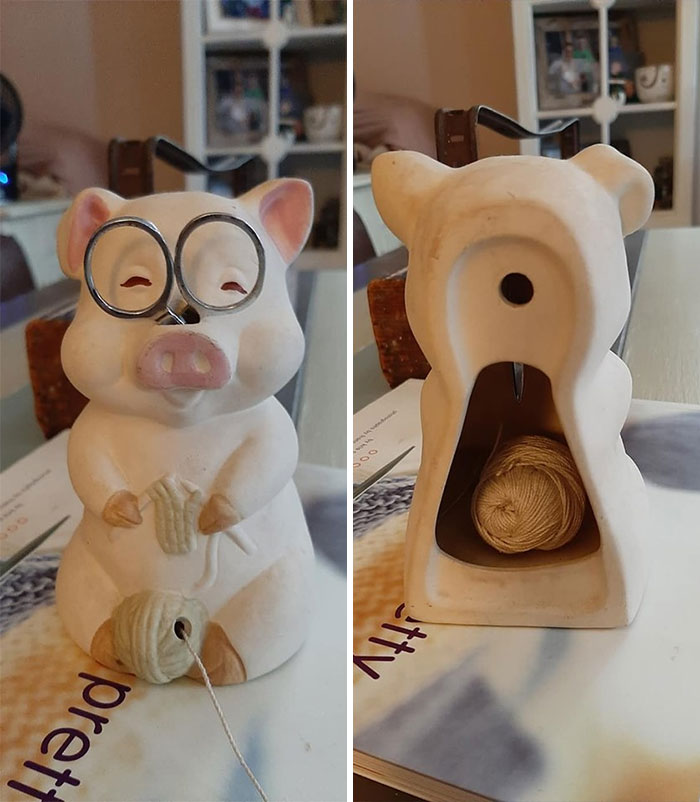 My Knitting Pig String Holder Is Perfect. Found At An Estate Sale. I Love Knitting And Sewing His Glasses Are Scissors