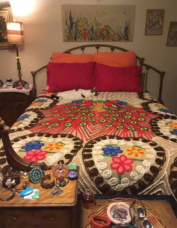 Vintage Chenille Peacock Bedspread From The Sixties Is Kitty Approved