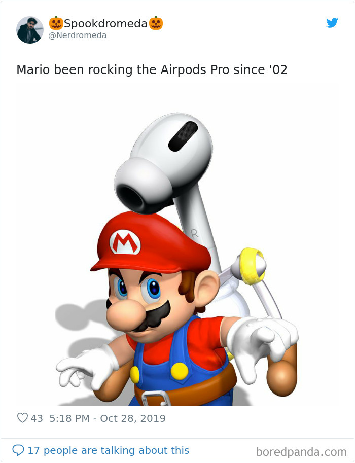 Mario with oversized AirPods Pro, creating a humorous meme about early use of the headphones.