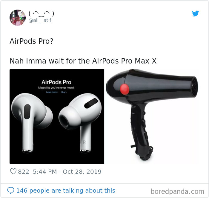 Meme comparing new AirPods Pro with a hairdryer labeled as "AirPods Pro Max X".