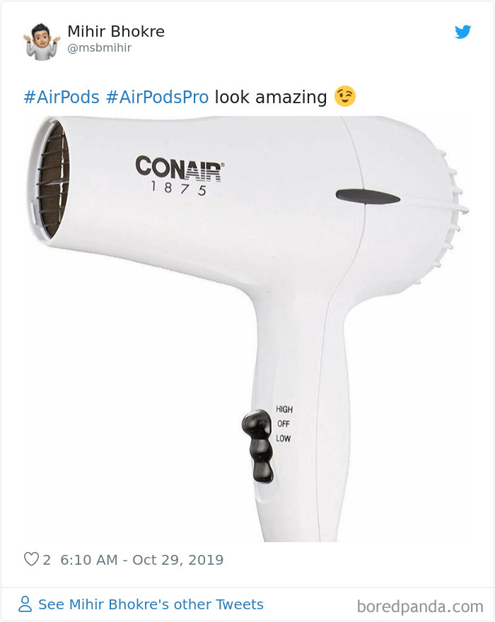 AirPods meme featuring a white hairdryer resembling the new AirPods Pro design.