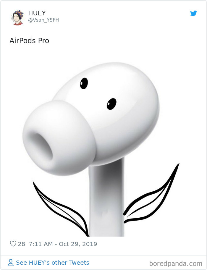 Cartoon AirPods Pro with a face and leaves, resembling a flower, creating a humorous depiction.