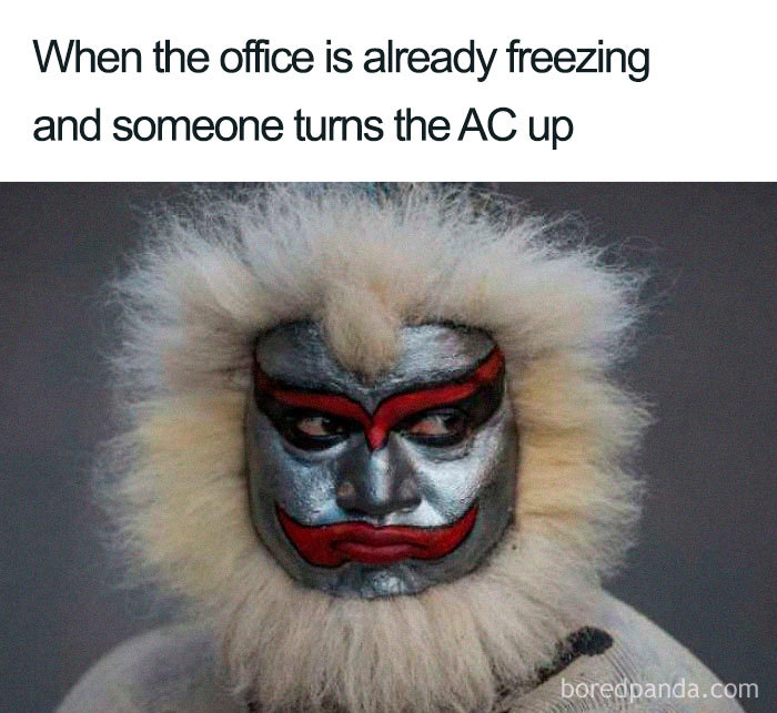 Person with face paint and fur hood looking annoyed, representing freezing office meme humor.