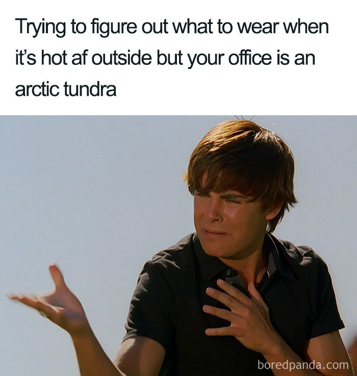 Person puzzled about what to wear, reflecting freezing office meme humor.