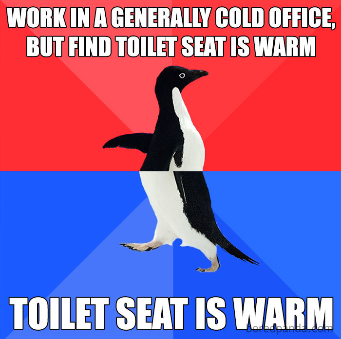 Penguin meme about a cold office with a surprisingly warm toilet seat.