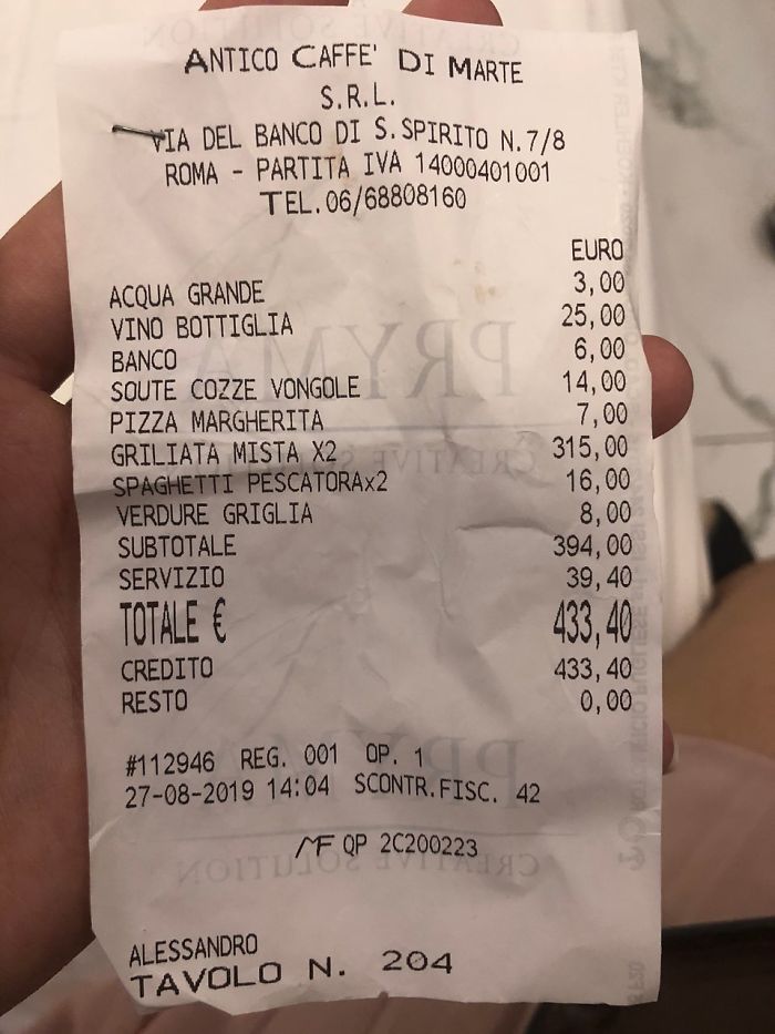 Japanese Tourists Shocked To Receive Almost $500 Bill For Two Plates Of Spaghetti, Fish, And Water In A Restaurant In Rome