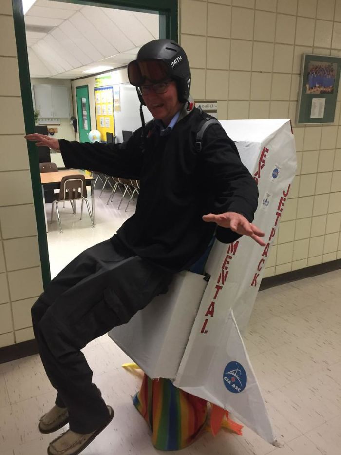 My Dad Is A Teacher, And Came To School In A Jetpack For Halloween. He Spent A Week Making A Jet-Pack With Fake Legs. He Made A Lot Of Kids Smile Today