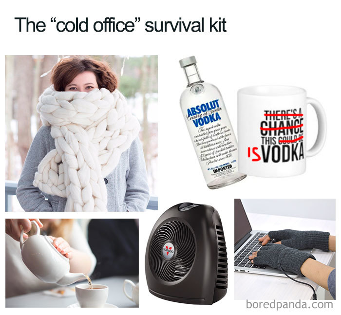 Cold office survival kit with scarf, vodka, mug, heater, and gloves for typing.