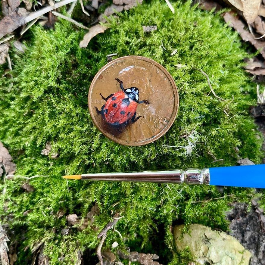 🐞this Little Guy Will Be Available On My Website Tomorrow Along With A Few Others. This Time Of Year Always Seems To Sneak Up On Me But I’m Ready This Time Around! I Will Do My Best To Keep My Store Updated With New Paintings And I’m Now Taking Commissions For Holiday Gifts. . . . . . . . #brymariearts #coin #coinart #miniartist #tinyart #ladybug #nature #painting #oilpainting #instarts #artwork