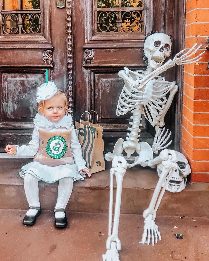 Josie, Dressed As The Toddler-Sized Cup Of Coffee I Wish Existed, Next To What I Look Like Pre-Caffeination