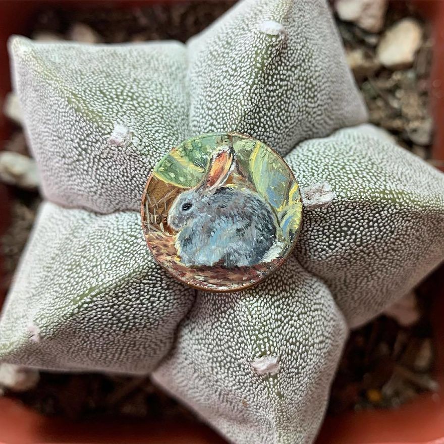 This Little Cottontail Lives In The Desert Right By My House. I Can’t Get Over How Adorable He Is 💕 .
.
.
.
.
.
.
.
#arizona #cottontail #desert #tucson #painting #oilpainting #miniart #contemporaryart #artlovers