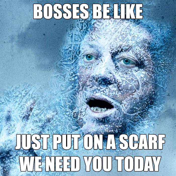 Frozen face meme about being cold in the office, captioned "Bosses be like just put on a scarf we need you today."