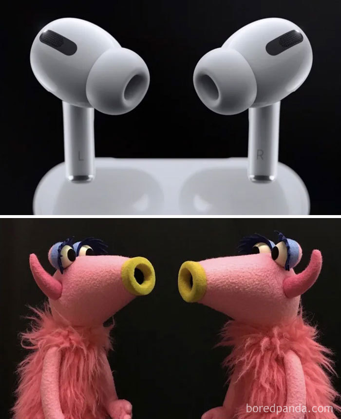 New AirPods Pro next to two pink muppet-like characters, illustrating a humorous meme comparison.