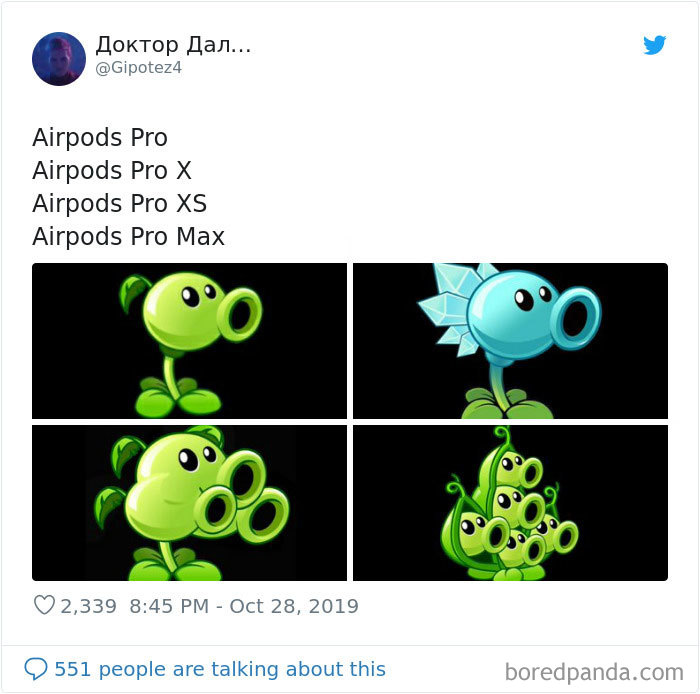 "Memes comparing AirPods Pro to cartoon plants with humorous variations in design."
