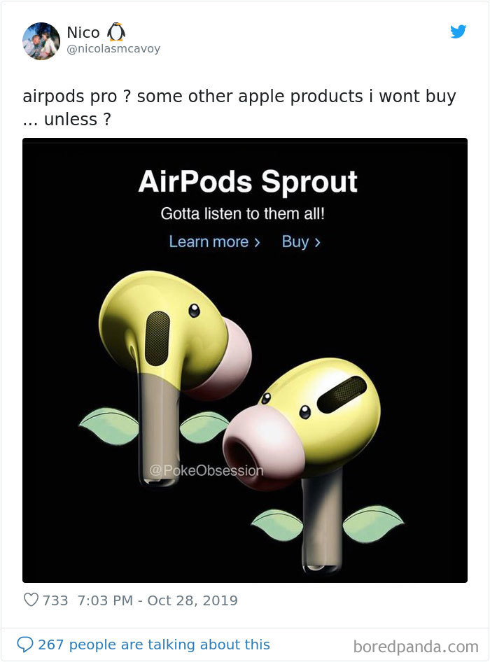 Hilarious meme of AirPods Pro as cartoon sprouts, with tweet about Apple products.