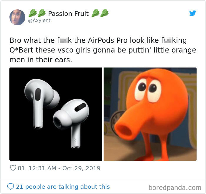 Tweet humor comparing AirPods Pro to an animated orange character, suggesting a funny resemblance.