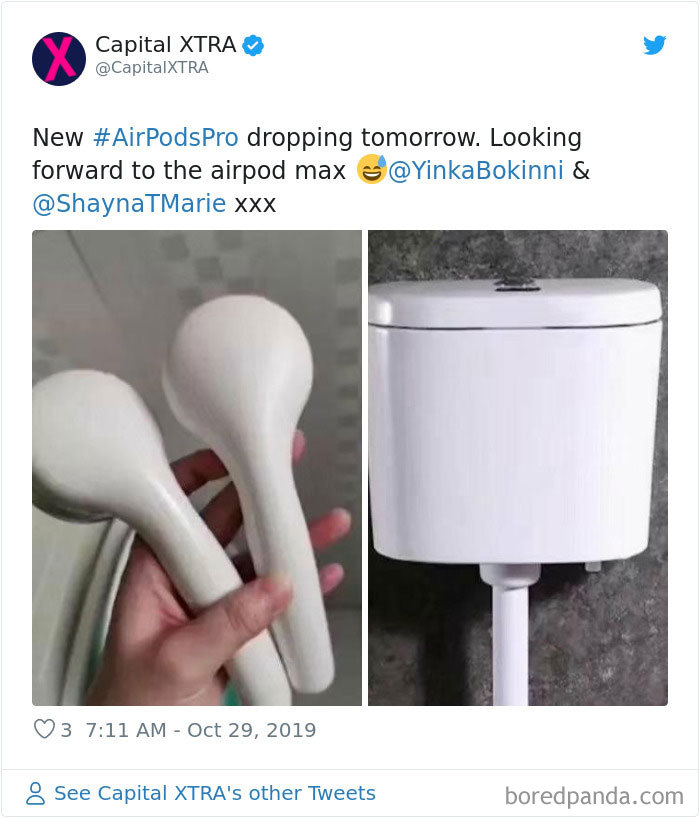 A humorous AirPods Pro meme comparing them to a toilet flush handle for comedic effect.