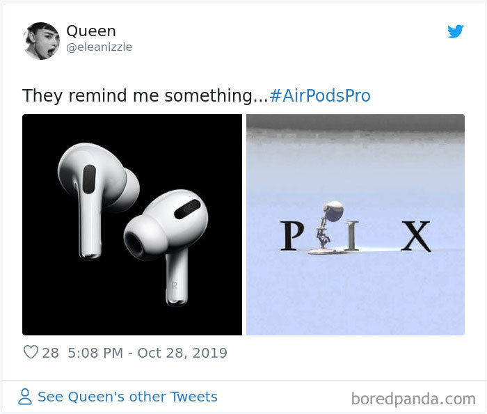 Meme comparing new AirPods Pro to a lamp in the Pixar logo, highlighting humorous resemblance.