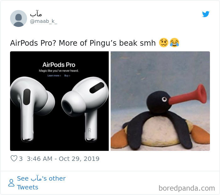 Side-by-side comparison of AirPods Pro and a clay penguin with a long beak, highlighting their humorous resemblance.