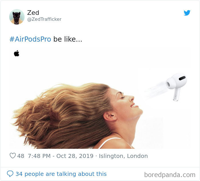 Woman's hair blown back by an AirPods Pro-shaped hairdryer meme.