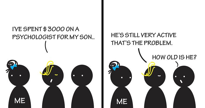 Cartoon showing a weird and amusing conversation overheard in an elevator about spending money on a psychologist for a son.