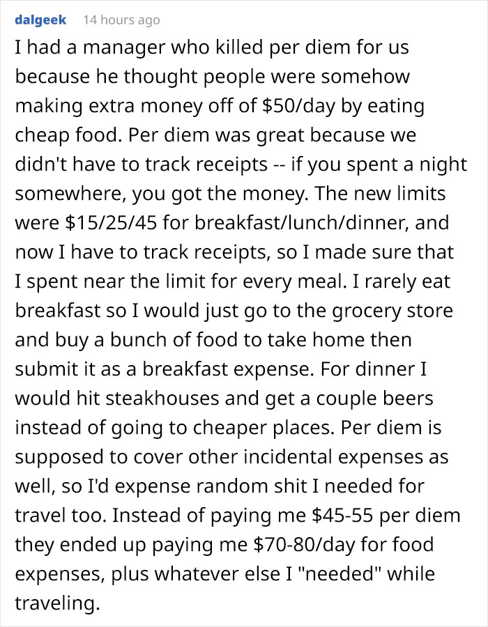 Company Ends Up Spending $65/Week More After Not Listening To Employee's Reasoning On Meal Limits