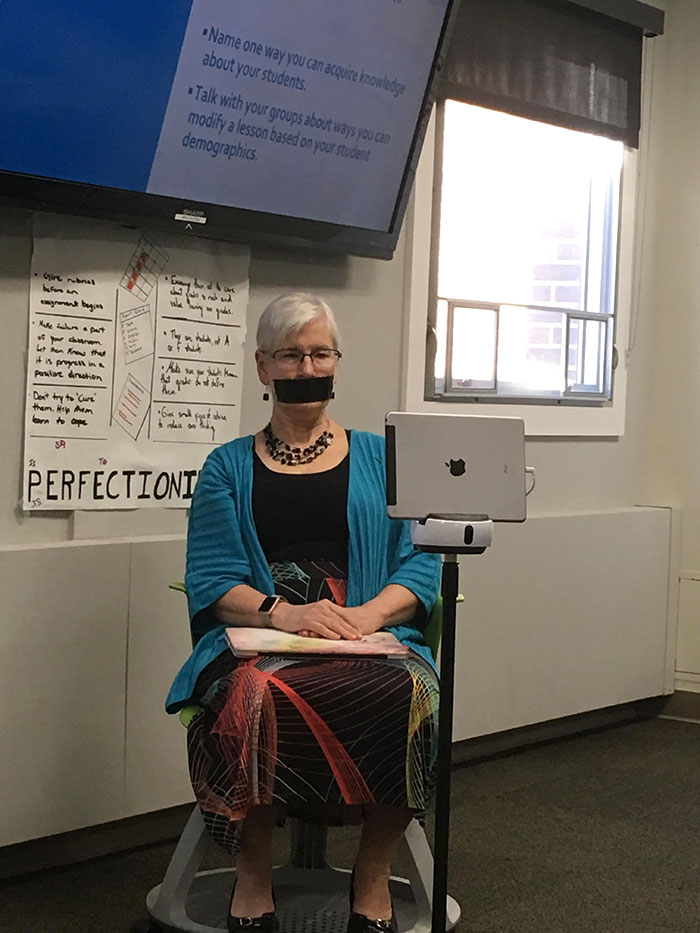 My Education Professor Duct Tapes Her Own Mouth Shut During Presentations So She Doesn't Interrupt, Distract Or Intimidate The Presenters