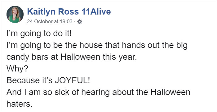 Woman Says She's Gonna 'Break The Law' And Give Candy To Kids On Halloween In A Powerful Post