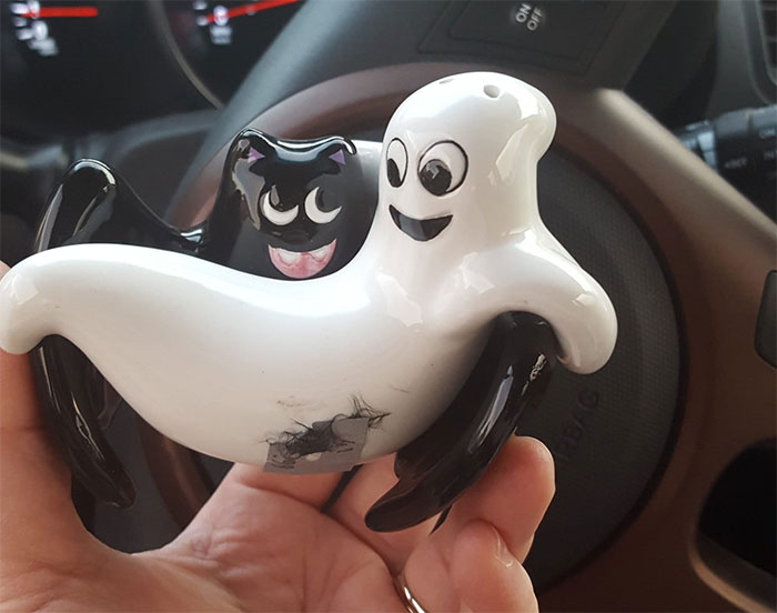 My New Little Salt And Pepper Shakers From Goodwill. For 99 Cents! The Lack Fuzzy Is From The Feather Boa It Was Next To On The Shelf