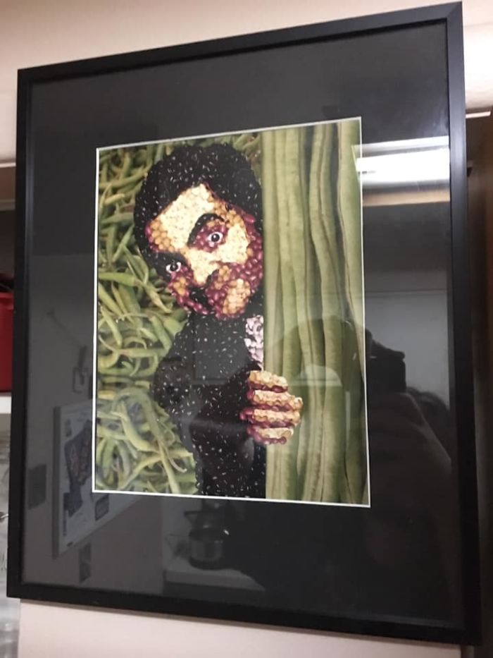 My Wife And I Found This Framed Photo Of Mr. Bean, With All The Elements Of The Photo Made Of Different Types Of Beans!! One Of Our Strangest Finds Yet, So We Just Had To Have Him. He Now Stares Us Down As We Walk Through The Kitchen