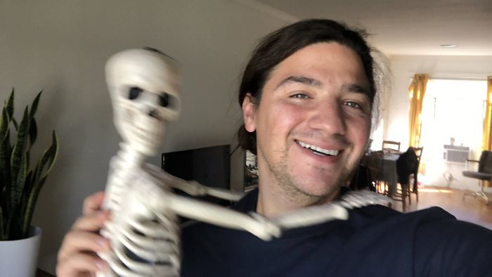 'He Was So Terrified When We Brought Him Home 2 Days Ago:' Man 'Rescues' An Abandoned Skeleton Decoration