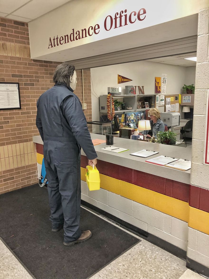 Like A Good New Student, Michael Checks In At The Attendance Office.