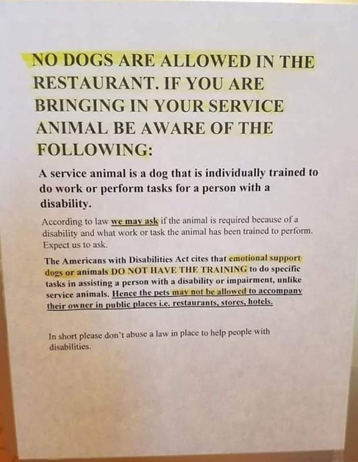 Tired Of People Bringing In Their Emotional Support Pets, This Restaurant Put Up This Sign Banning Them All Tired Of People Bringing In Their Emotional Support Pets, This Restaurant Put Up This Sign Banning Them All