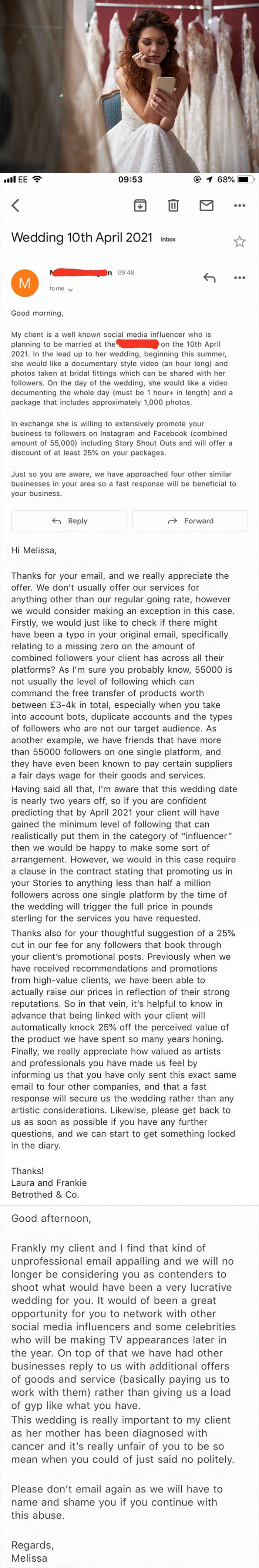 ‘Influencer’ Bride With 55k Followers Tries To Get Wedding Shot For Free, Photographers Destroy Her With Sarcastic Response