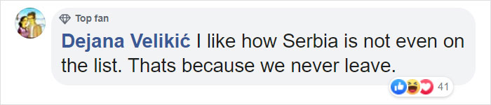 Facebook comment by Dejana Velikić mentioning Serbia is not on the list and people there rarely leave parents’ home at a young age. Facebook comment by Dejana Velikić mentioning Serbia is not on the list and people there rarely leave parents’ home at a young age.