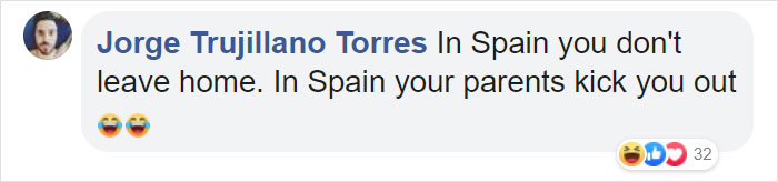 Comment on social media about the age young people leave their parents’ home, highlighting differences in Spain with emojis. Comment on social media about the age young people leave their parents’ home, highlighting differences in Spain with emojis.