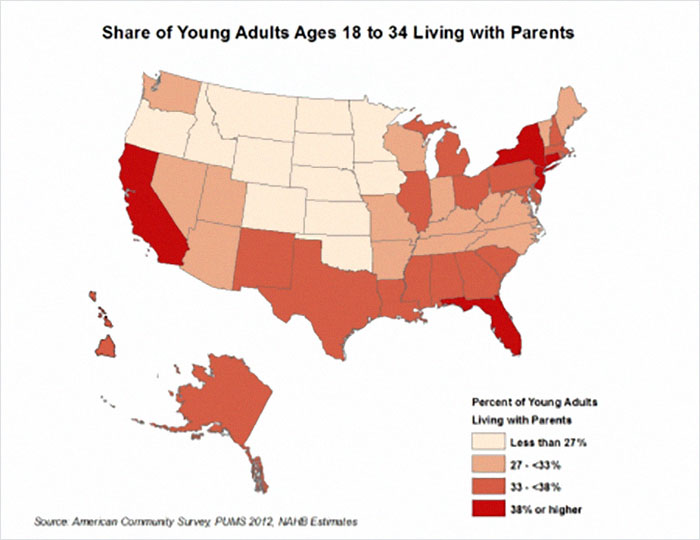 US map showing share of young adults ages 18 to 34 living with parents, highlighting age young people leave parents&rsquo; home differences.